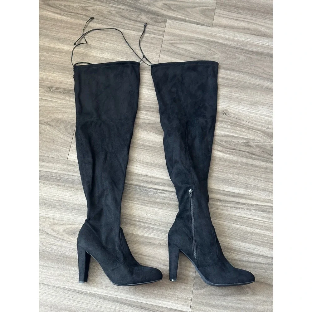 Black Faux Suede Over The Knee Boots Pointed Toe Block Heel Size 10 Drawstring